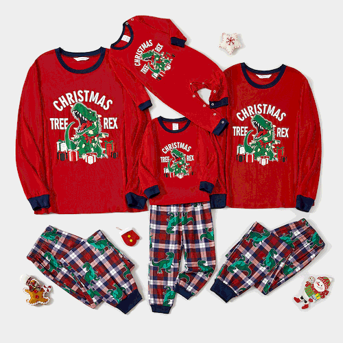 Christmas Glow In The Dark Family Matching Dinosaur Print Long-sleeve Pajamas Sets(Flame Resistant) 