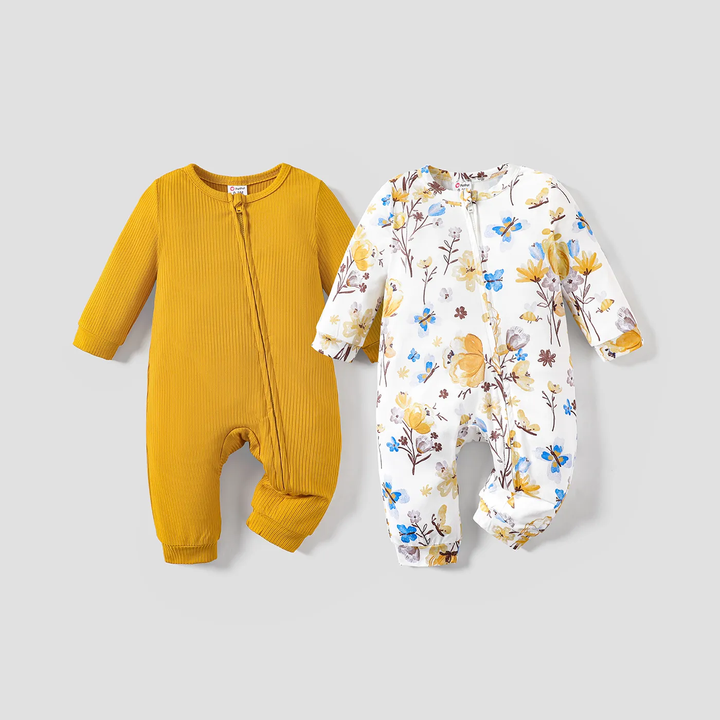 Baby Boy/Girl Flower Print & Solid Color Zipper Casual Long Sleeve Jumpsuit