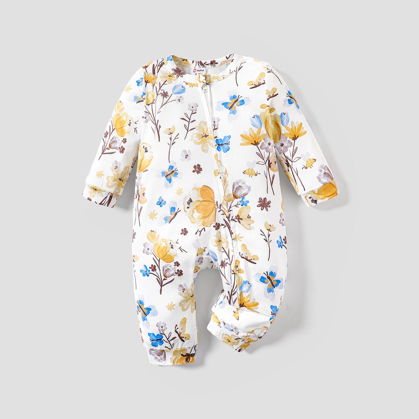Baby Girl Flower Print & Solid Color Zipper Casual Long Sleeve Jumpsuit