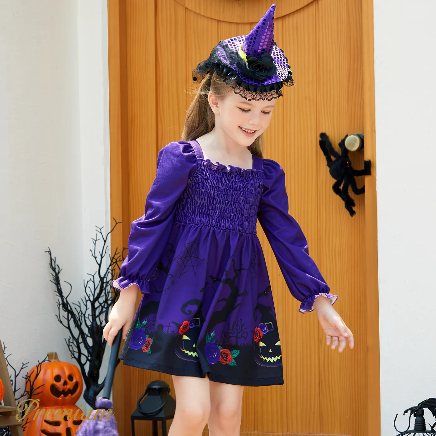 Toddler Girl Halloween Elegant Smocking Dress  Purple image 2