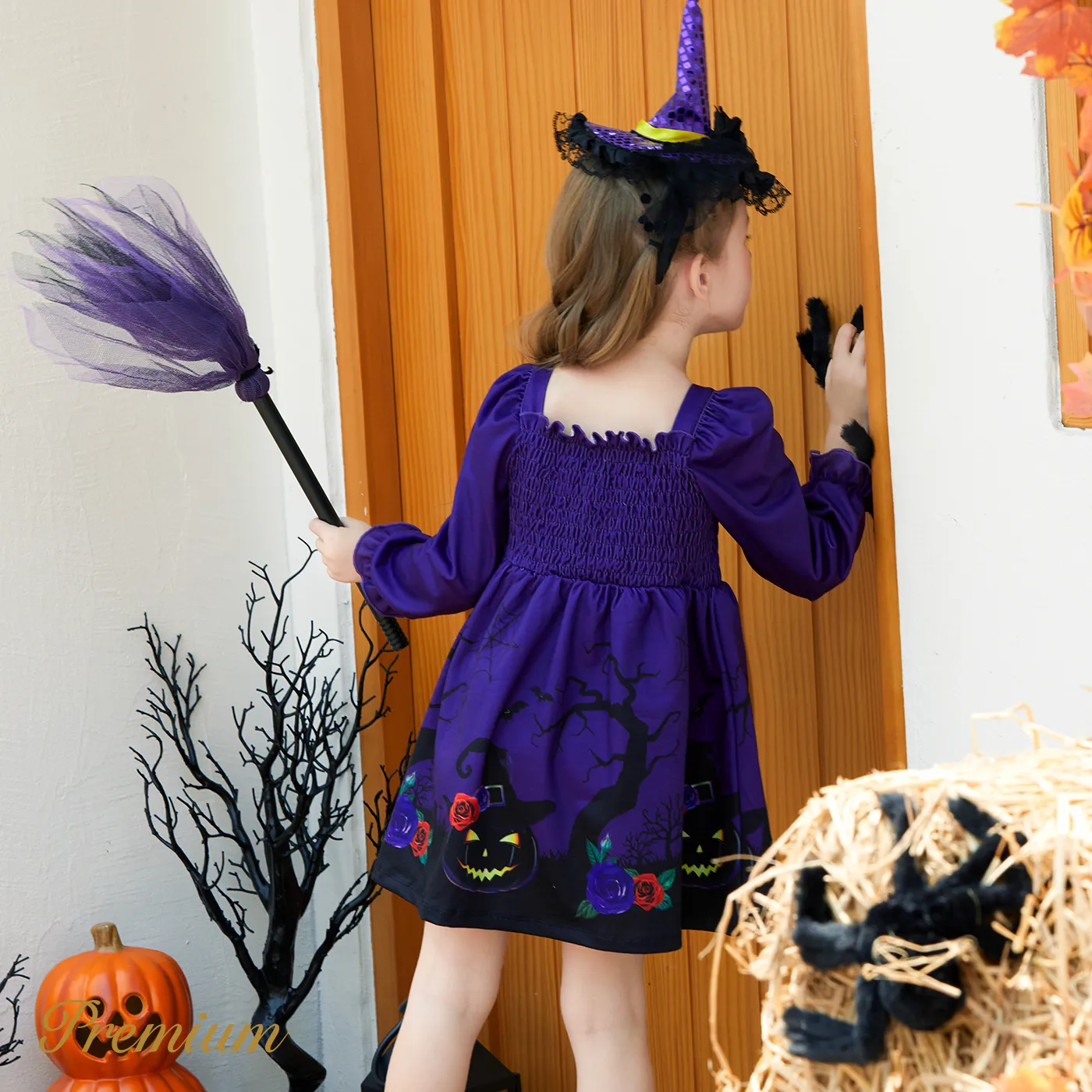 Toddler Girl Halloween Elegant Smocking Dress  Purple image 4