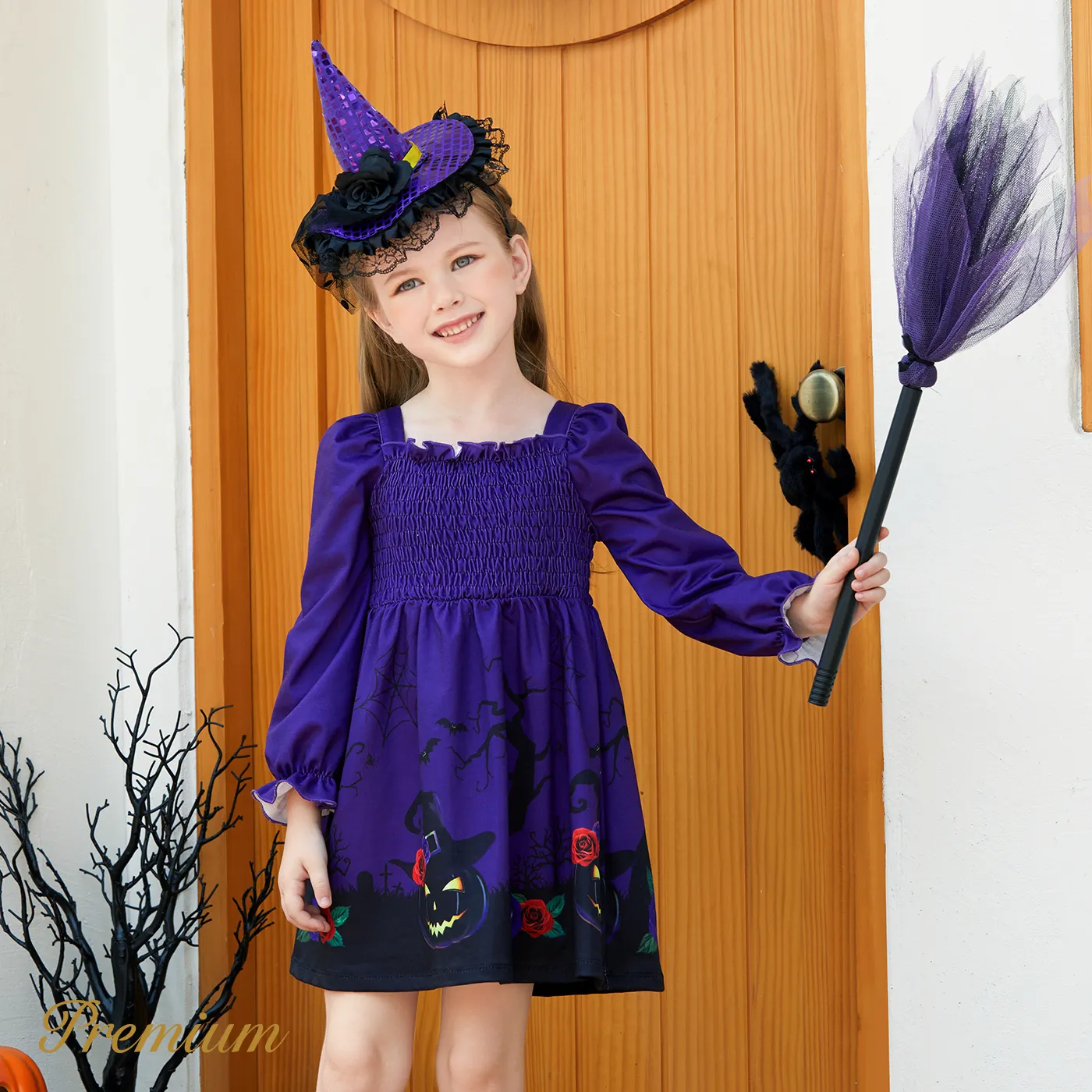 Toddler Girl Halloween Elegant Smocking Dress  Purple image 3