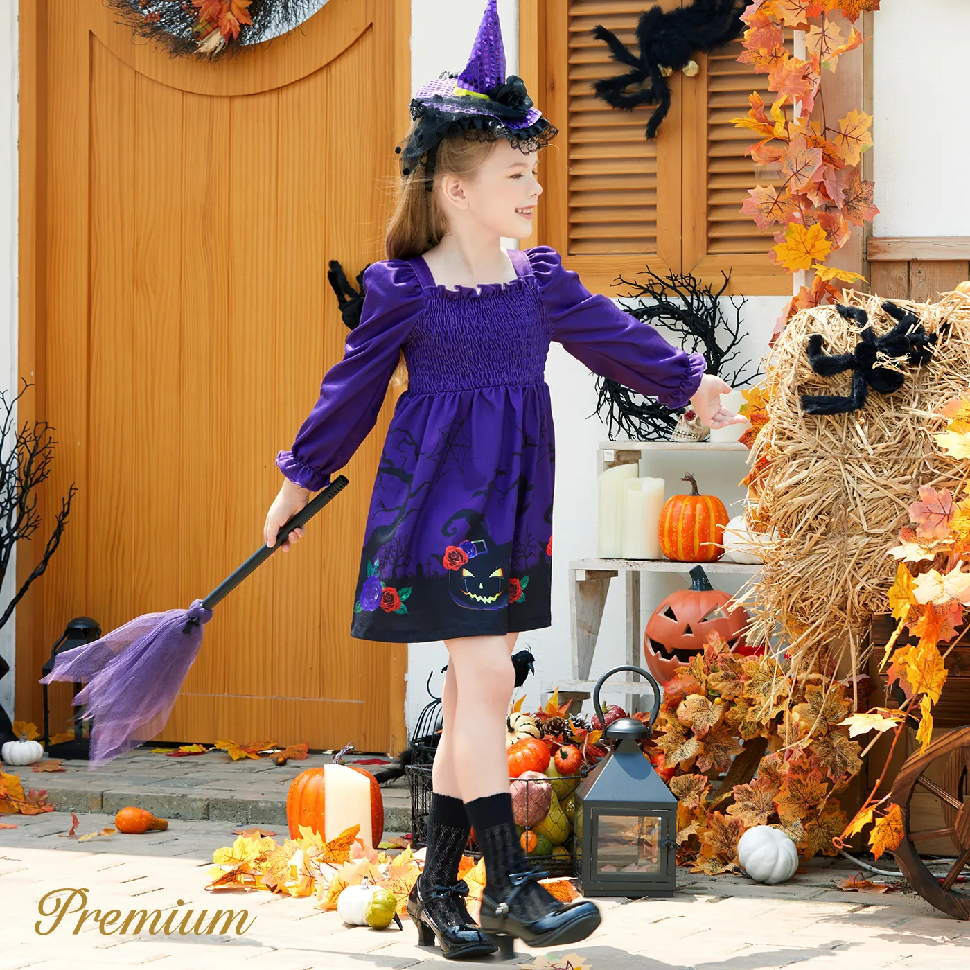 Toddler Girl Halloween Elegant Smocking Dress  Purple image 5