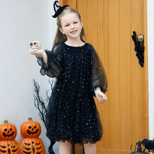 Kid Girl Loose Elegant Trendy Halloween with Puff Sleeves and Stars Pattern Fairy Dress