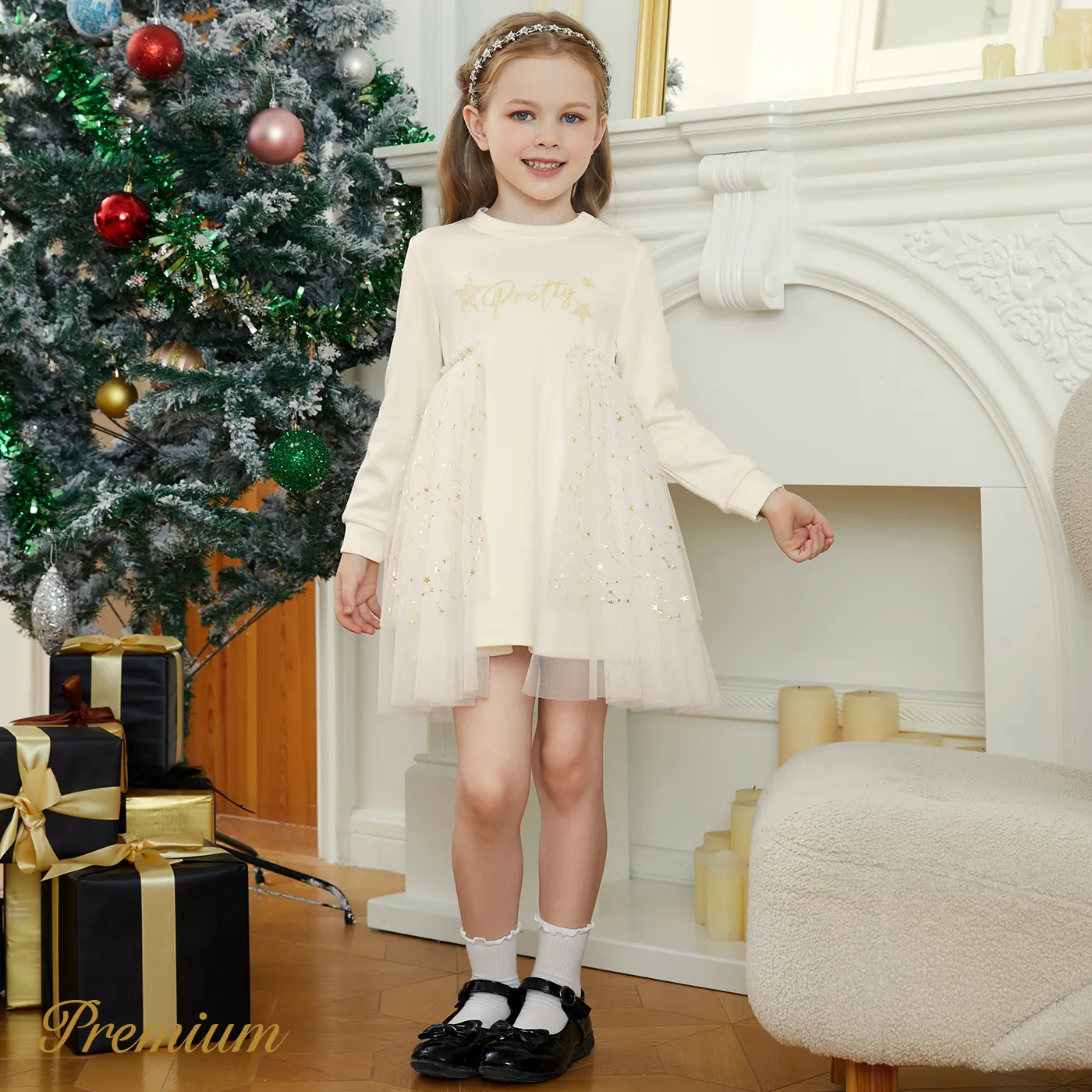 Toddler Girl  Stars Pattern Long Sleeve Multi-Layered Elegant Dress