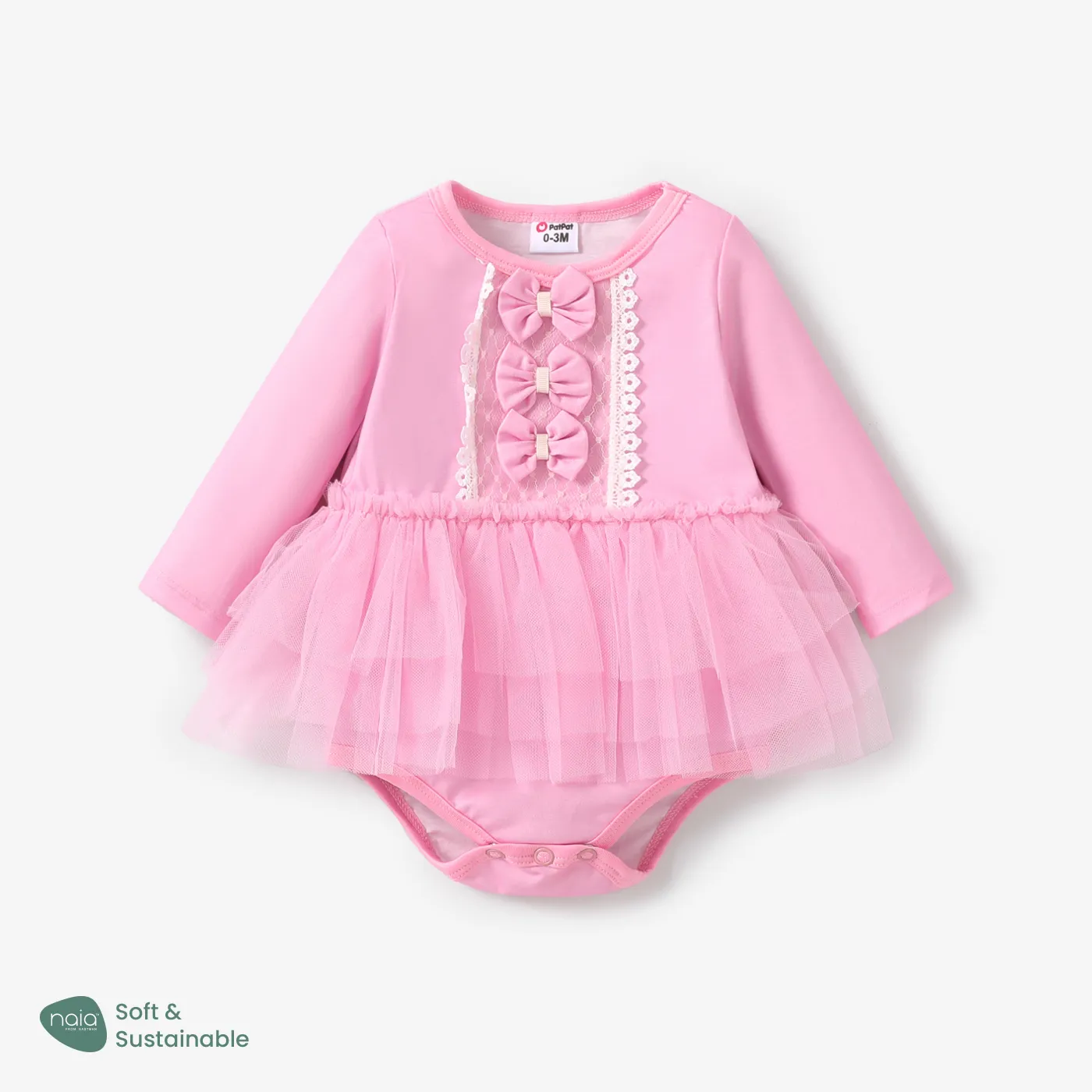 Baby Girl Naia Solid Color Lace Bowknot Ballet Wear Long Sleeve Romper  big image 1