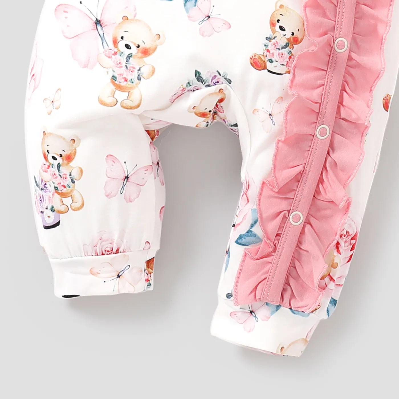 2Pcs Baby Girl Naia Sweet Big Flower and Bear Pattern Ruffle Jumpsuit Set Pink image 5