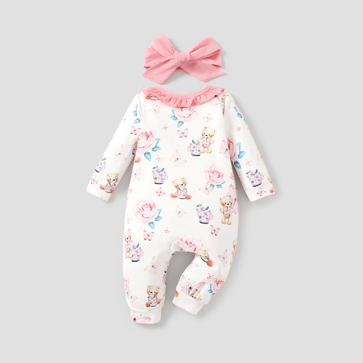 2Pcs Baby Girl Naia Sweet Big Flower and Bear Pattern Ruffle Jumpsuit Set Pink image 2