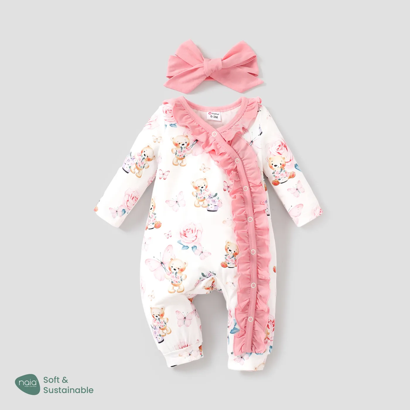 2Pcs Baby Girl Naia Sweet Big Flower and Bear Pattern Ruffle Jumpsuit Set Pink big image 1