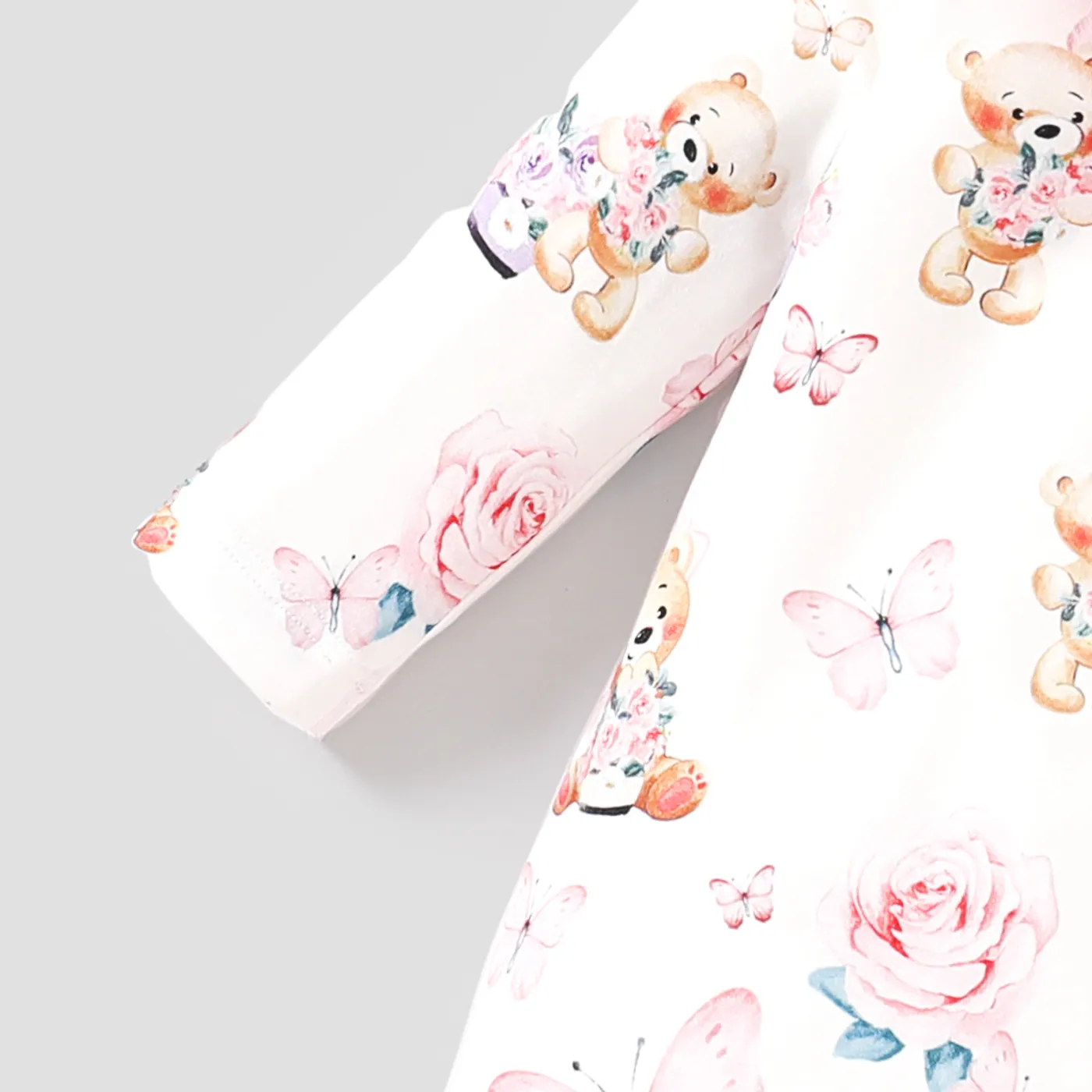 2Pcs Baby Girl Naia Sweet Big Flower and Bear Pattern Ruffle Jumpsuit Set Pink image 4
