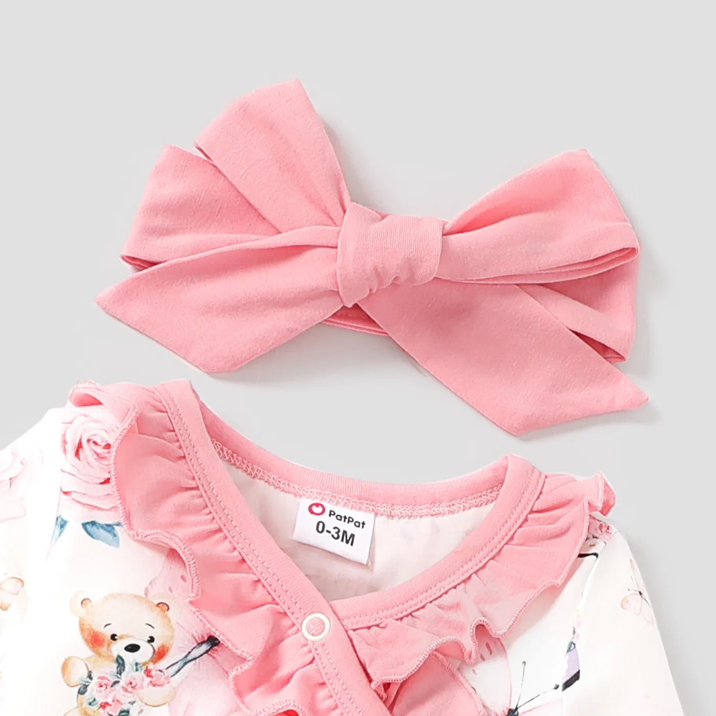 2Pcs Baby Girl Naia Sweet Big Flower and Bear Pattern Ruffle Jumpsuit Set Pink image 3
