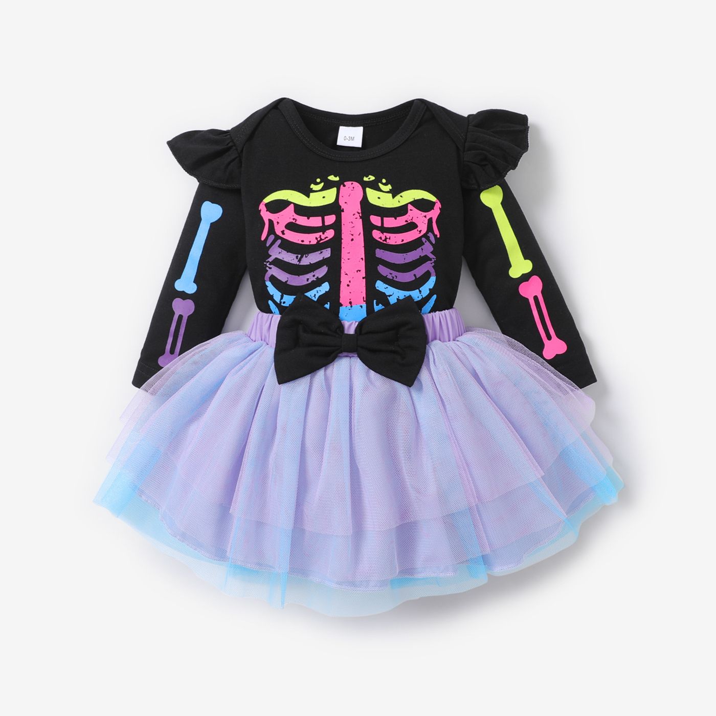 

3PCS Baby Girl Mesh Design Bone Print Halloween Ruffle Dress Set