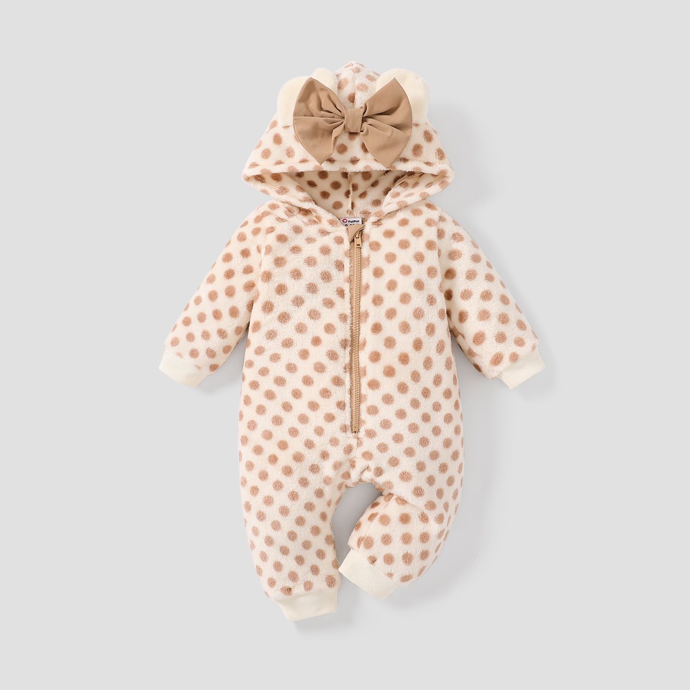 Baby Girl Sweet Polka Dots Fuzzy Hooded Jumpsuit