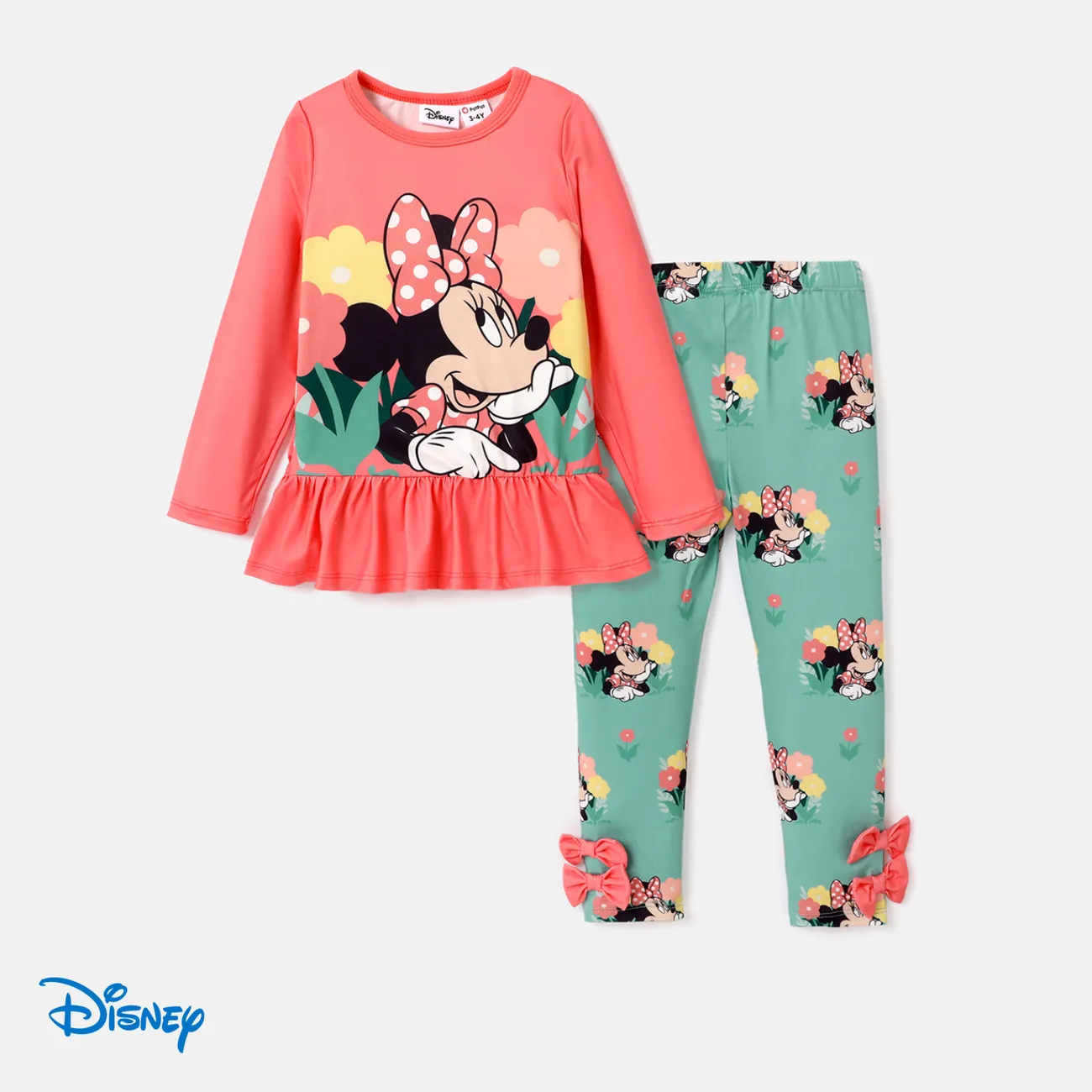 Disney Mickey and Friends Toddler Girl 2pcs Character Print Peplum Long-sleeve Tee and Bowknot Pants Set Light Red big image 1