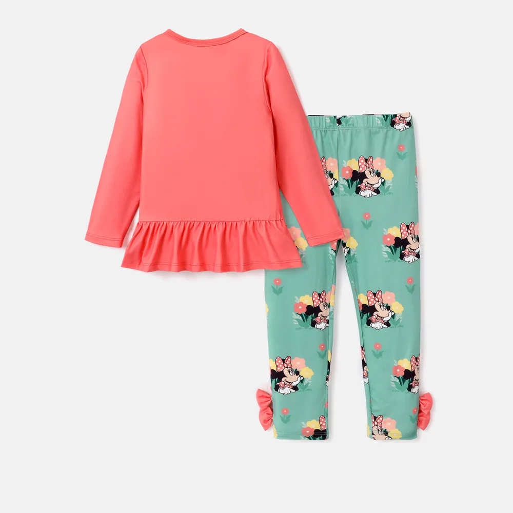 Disney Mickey and Friends Toddler Girl 2pcs Character Print Peplum Long-sleeve Tee and Bowknot Pants Set big image 2