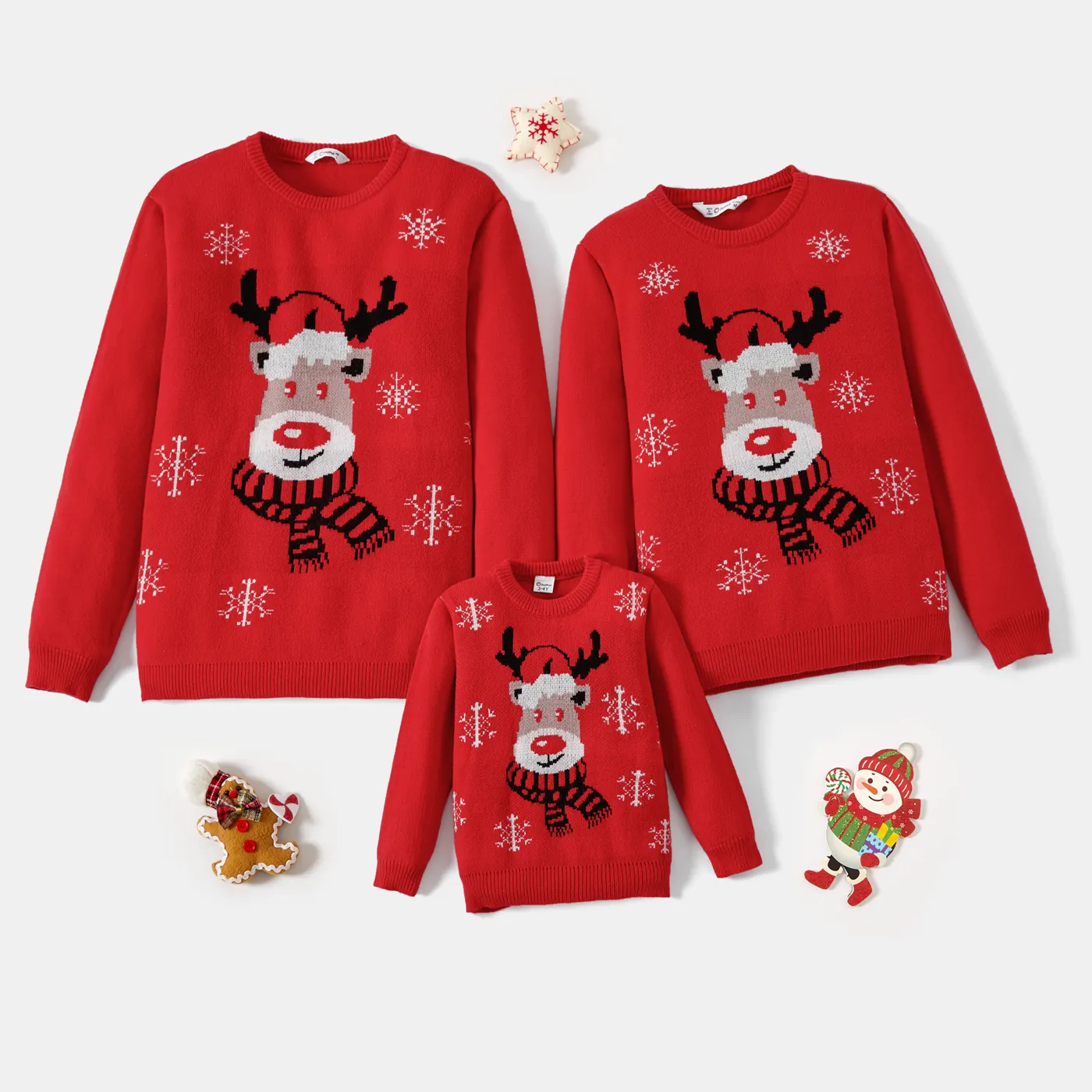 Family Matching Reindeer And Snowflake Print Long-sleeve Red Sweaters