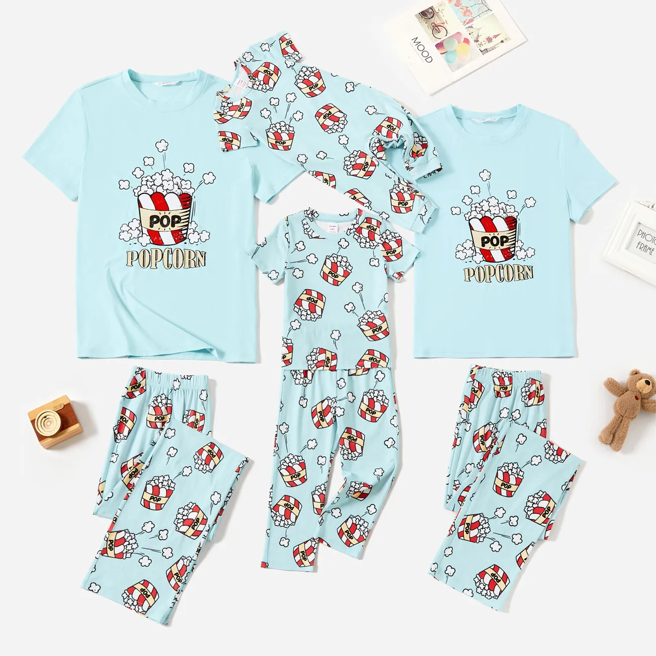 Christmas Family Matching Popcorn Print Short-sleeve Cotton Pajamas Sets(Flame resistant) Light Blue big image 1