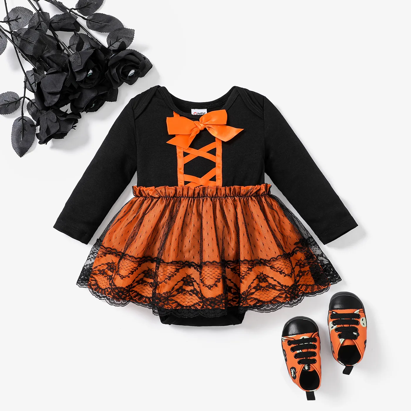 Halloween Baby Girl Naia Sweet Bowknot Mesh Long Sleeve Round Neck Romper