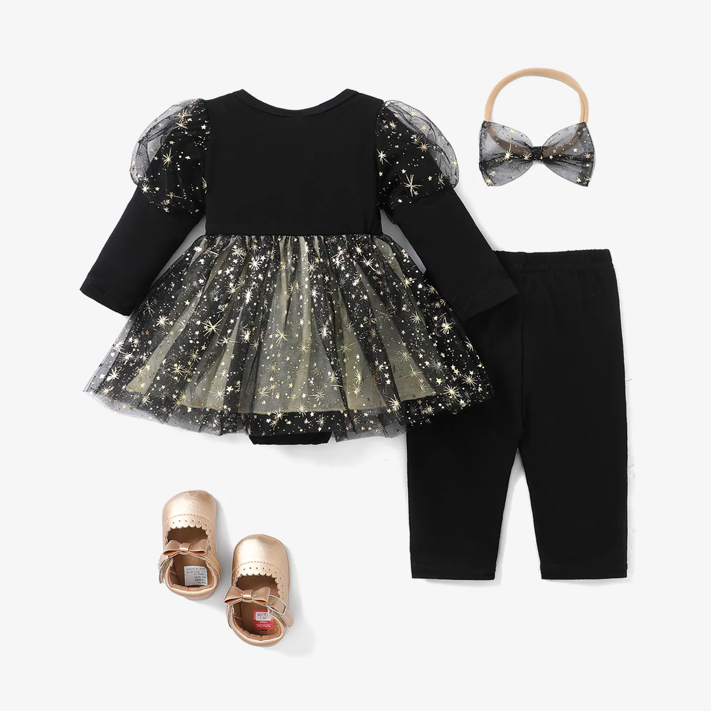 3pcs Baby Girl Solid Color Puff Sleeve Mesh Romper Set Black image 2