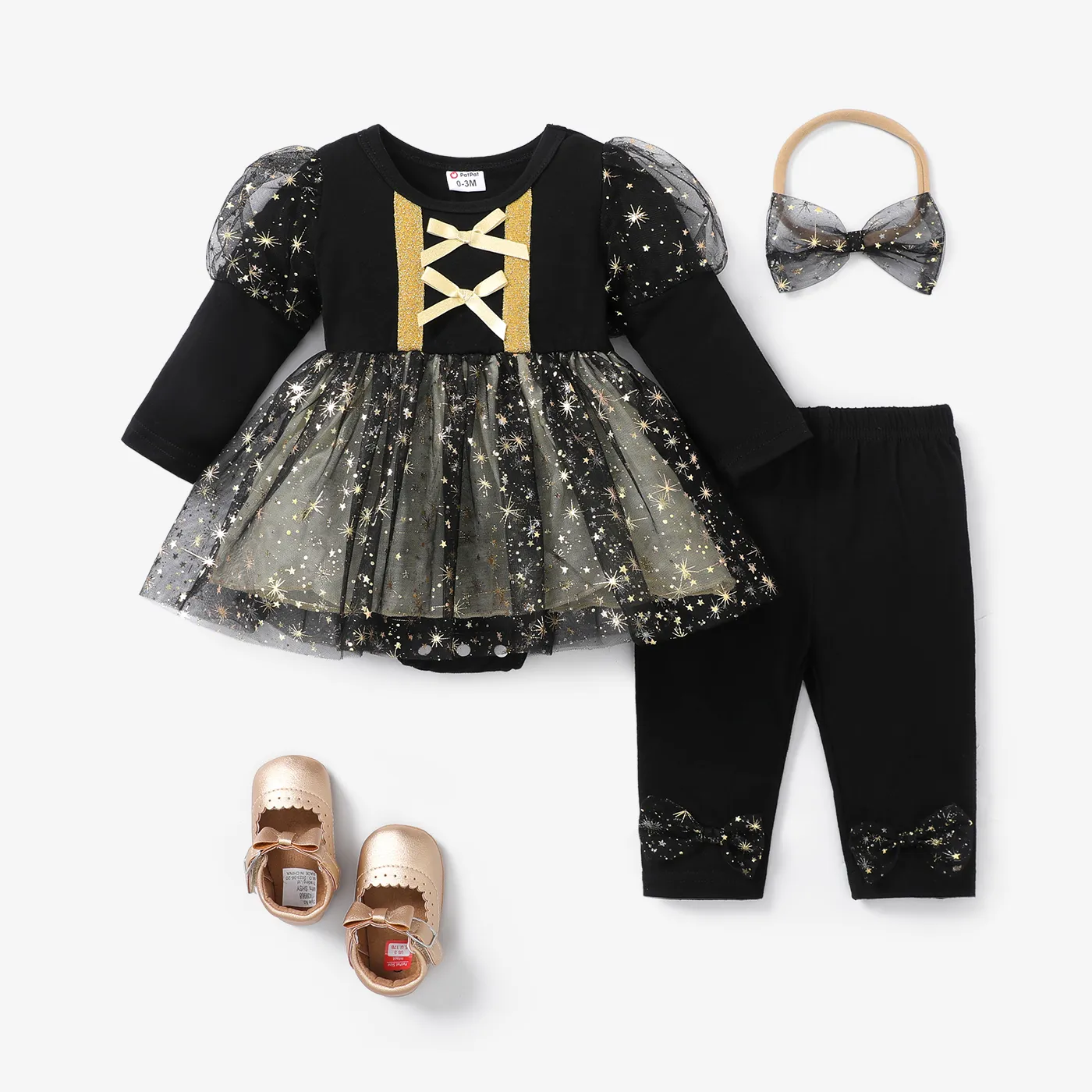 3pcs Baby Girl Solid Color Puff Sleeve Mesh Romper Set Black big image 1
