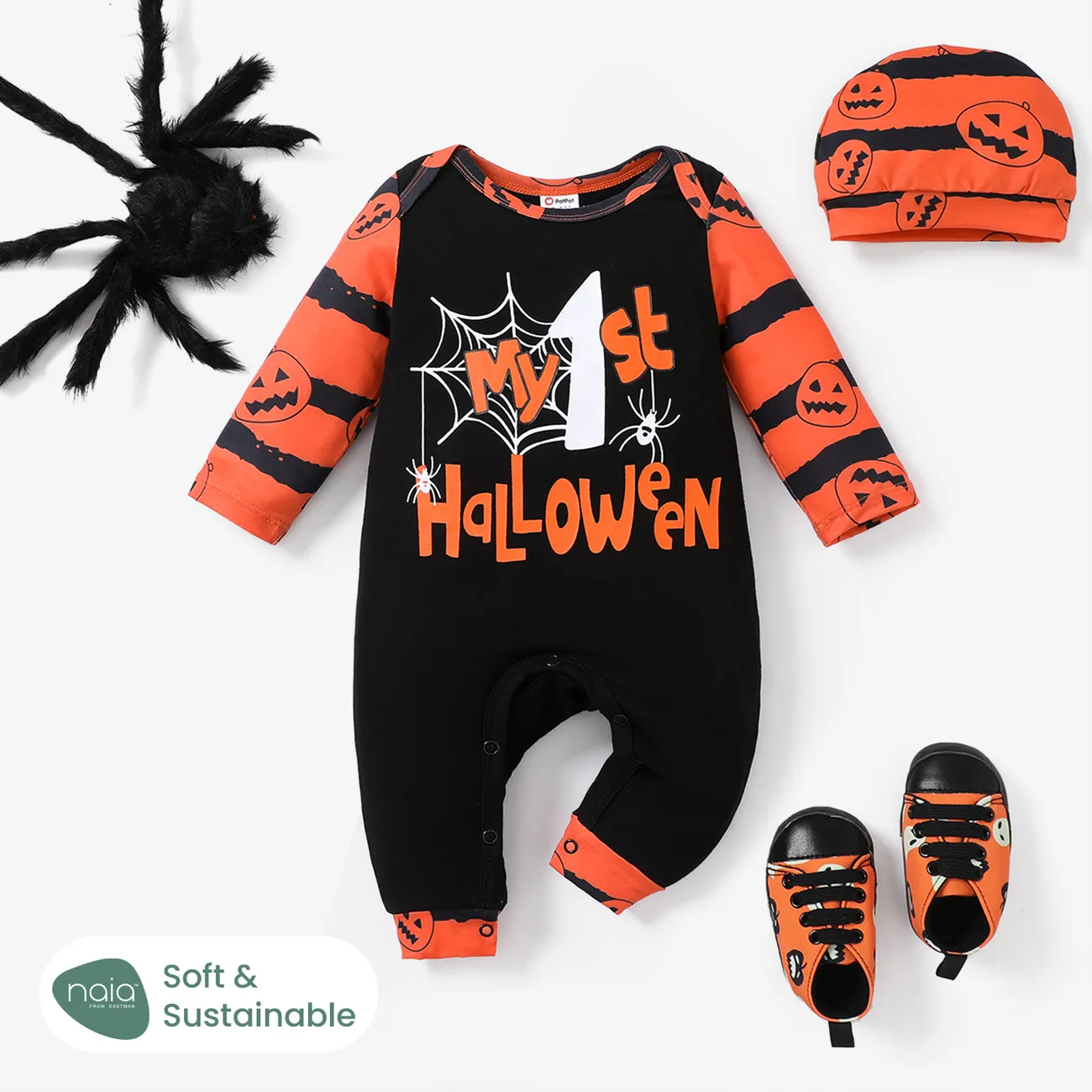 Baby Boy/Girl Naia Halloween Letter Pumpkin Pattern Long Sleeve Jumpsuit Set Black big image 1