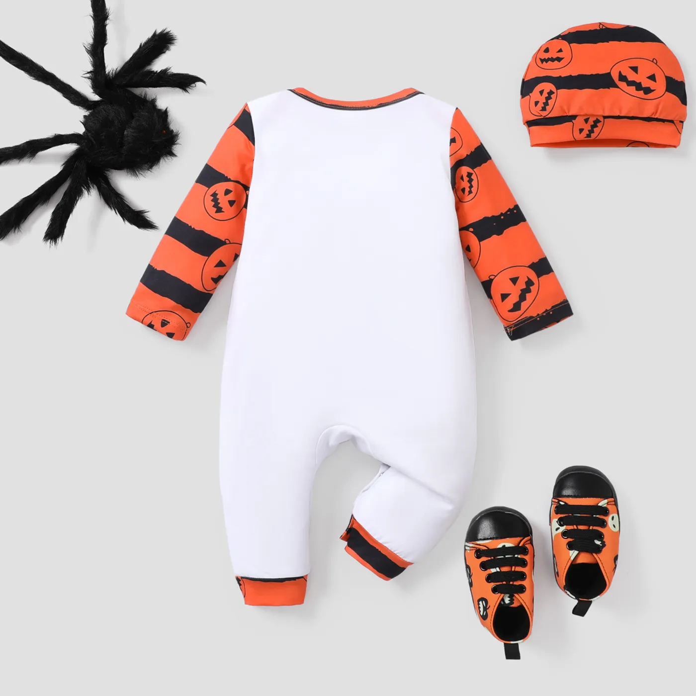 Baby Boy/Girl Naia Halloween Letter Pumpkin Pattern Long Sleeve Jumpsuit Set White image 2