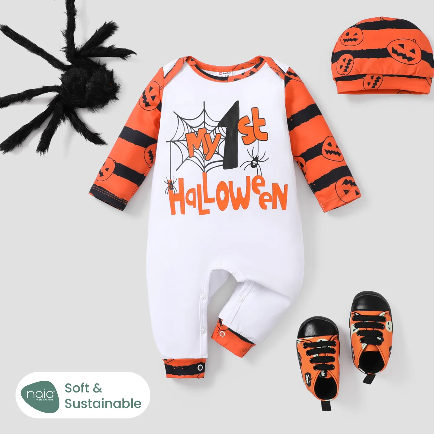 Baby Boy/Girl Naia Halloween Letter Pumpkin Pattern Long Sleeve Jumpsuit Set White big image 1