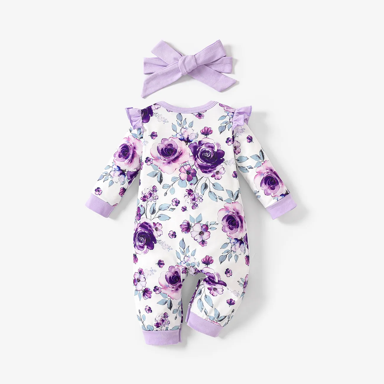 2件 嬰兒 女 鈕扣 大花 甜美 長袖 長腿連身衣 淺紫 big image 1