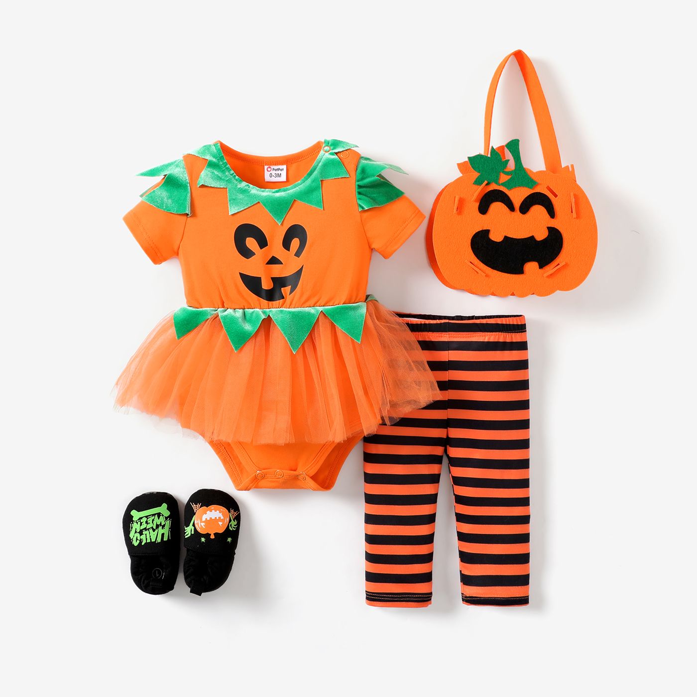 

2pcs Baby Girl Halloween Stripe Mesh Bodysuit Set