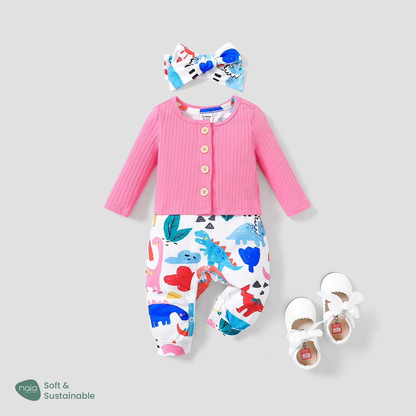 3pcs Baby Girl Naia Childlike Style Animal Dinosaur Pattern Jumpsuit Set  image 2