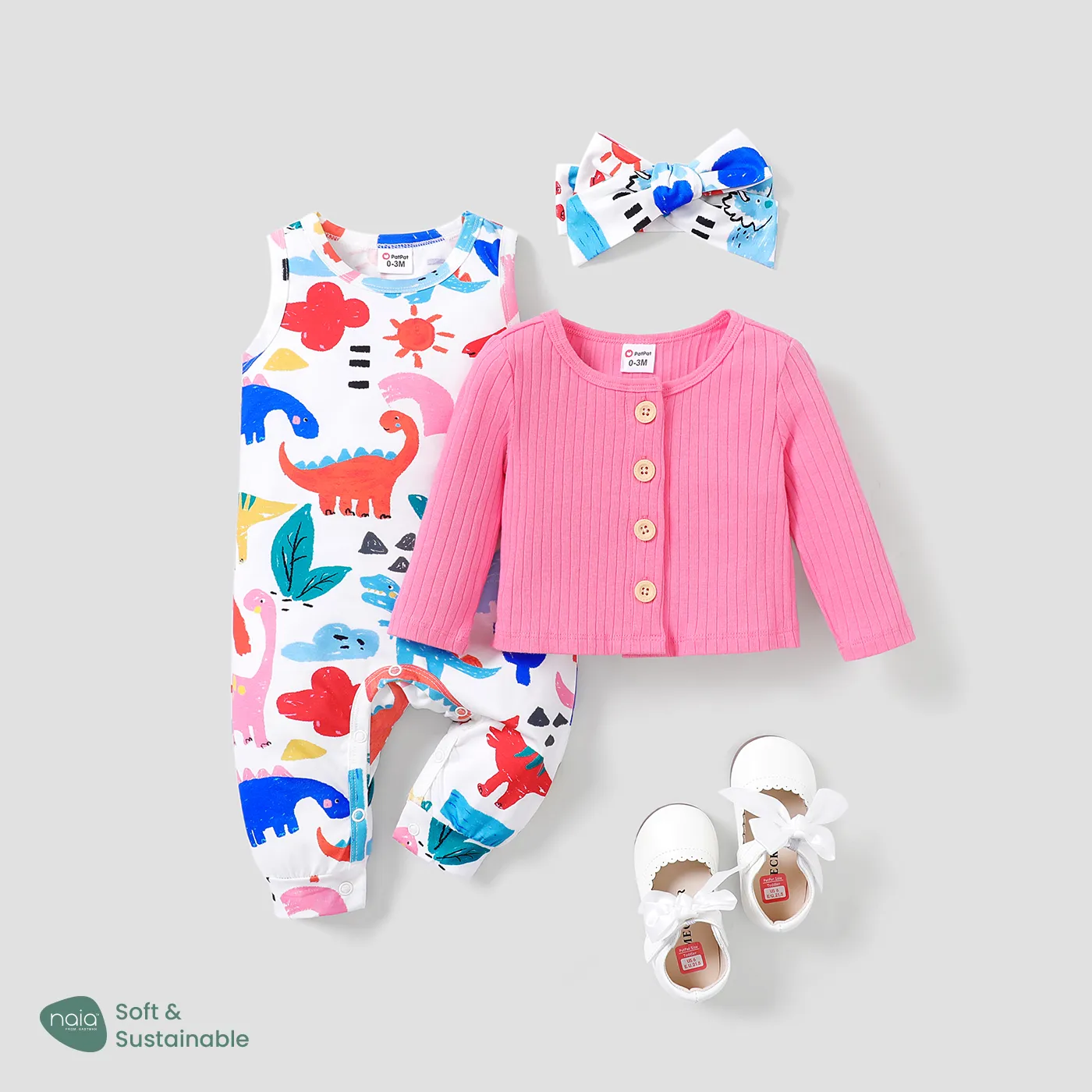 3pcs Baby Girl Naia Childlike Style Animal Dinosaur Pattern Jumpsuit Set  big image 1