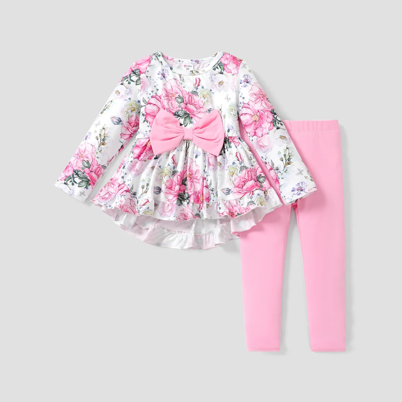 2 unidades Criança Menina Hipertátil/3D Infantil Flor grande conjuntos de camisetas Rosa big image 1
