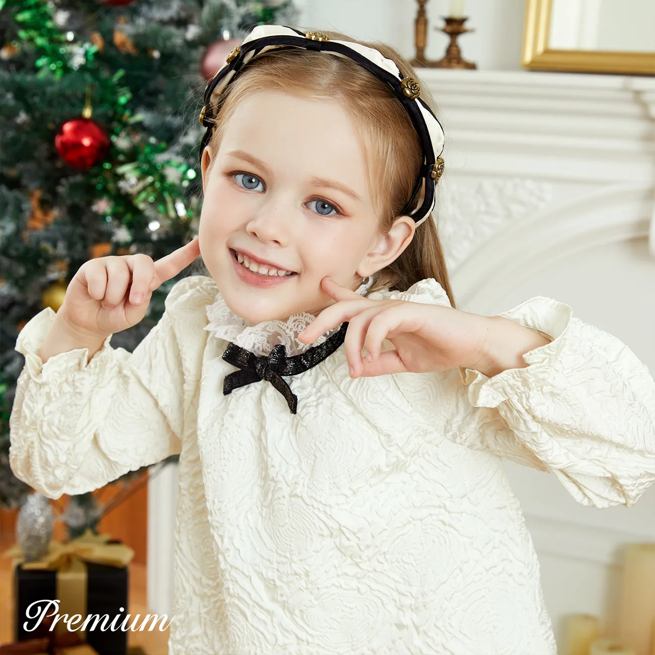 聖誕節 小童 女 泡泡袖 優雅 連衣裙 米色 big image 1