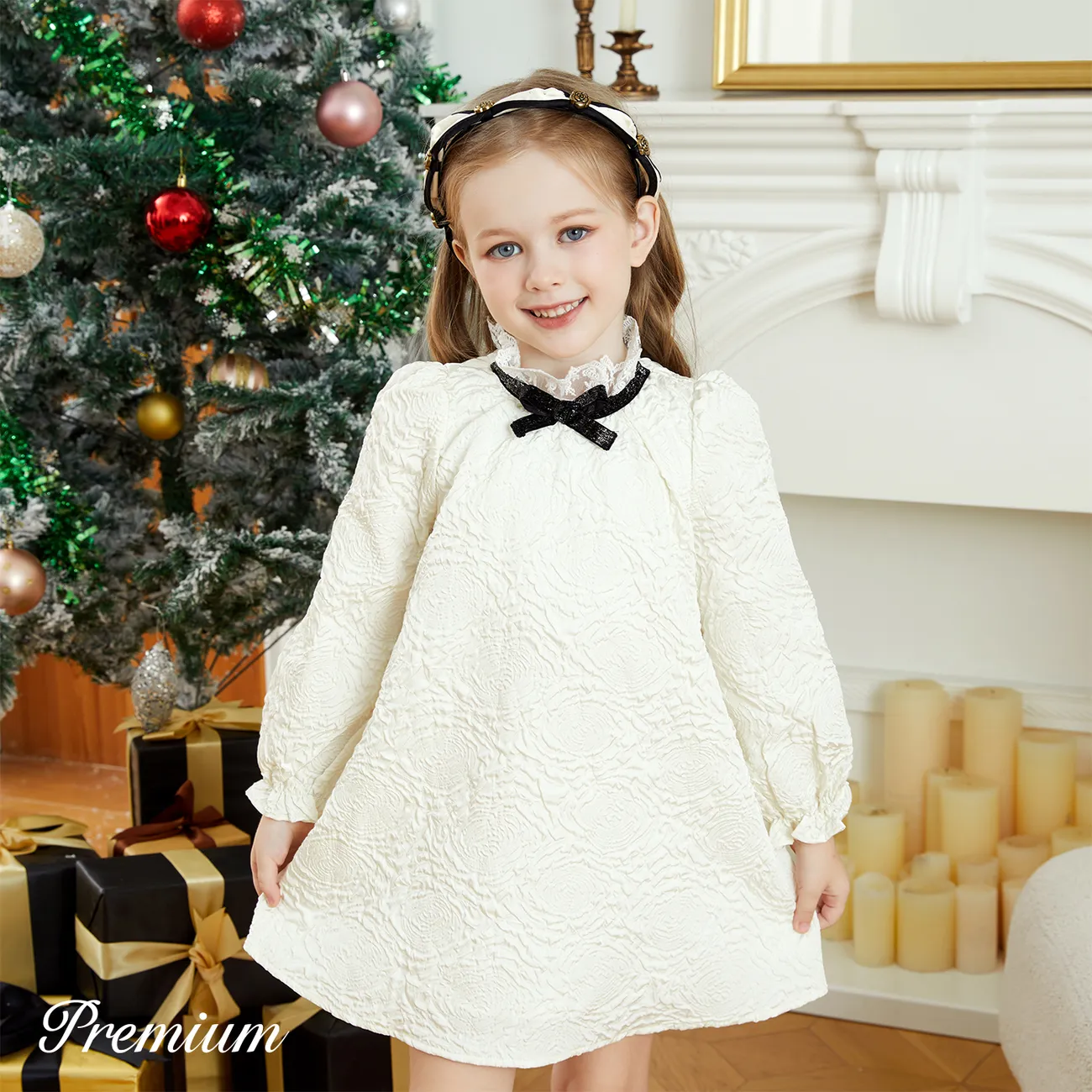 Navidad Niño pequeño Chica Manga abullonada Elegante Vestidos Beige big image 1