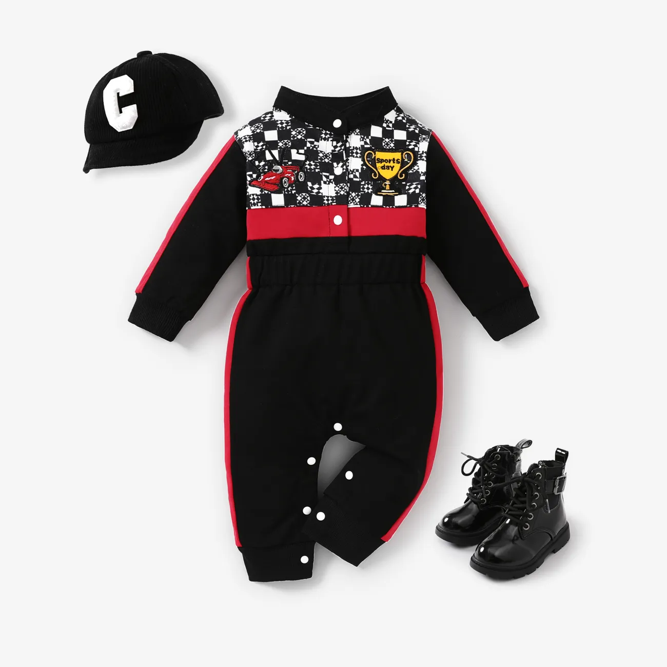 Baby Bold Sportlicher Jumpsuit mit Gitter-/Hahnentrittmuster und Color-Blocking  schwarz big image 1