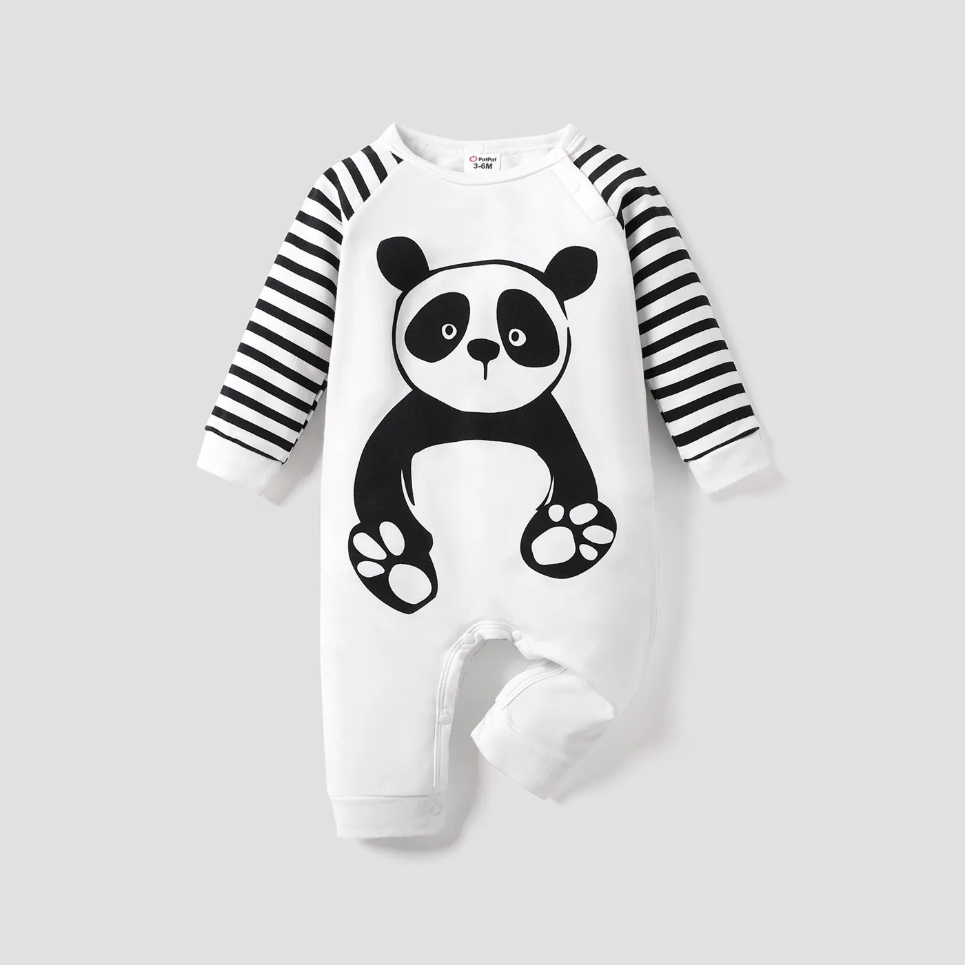 Panda and Stripe Print Long-sleeve White Baby Jumpsuit