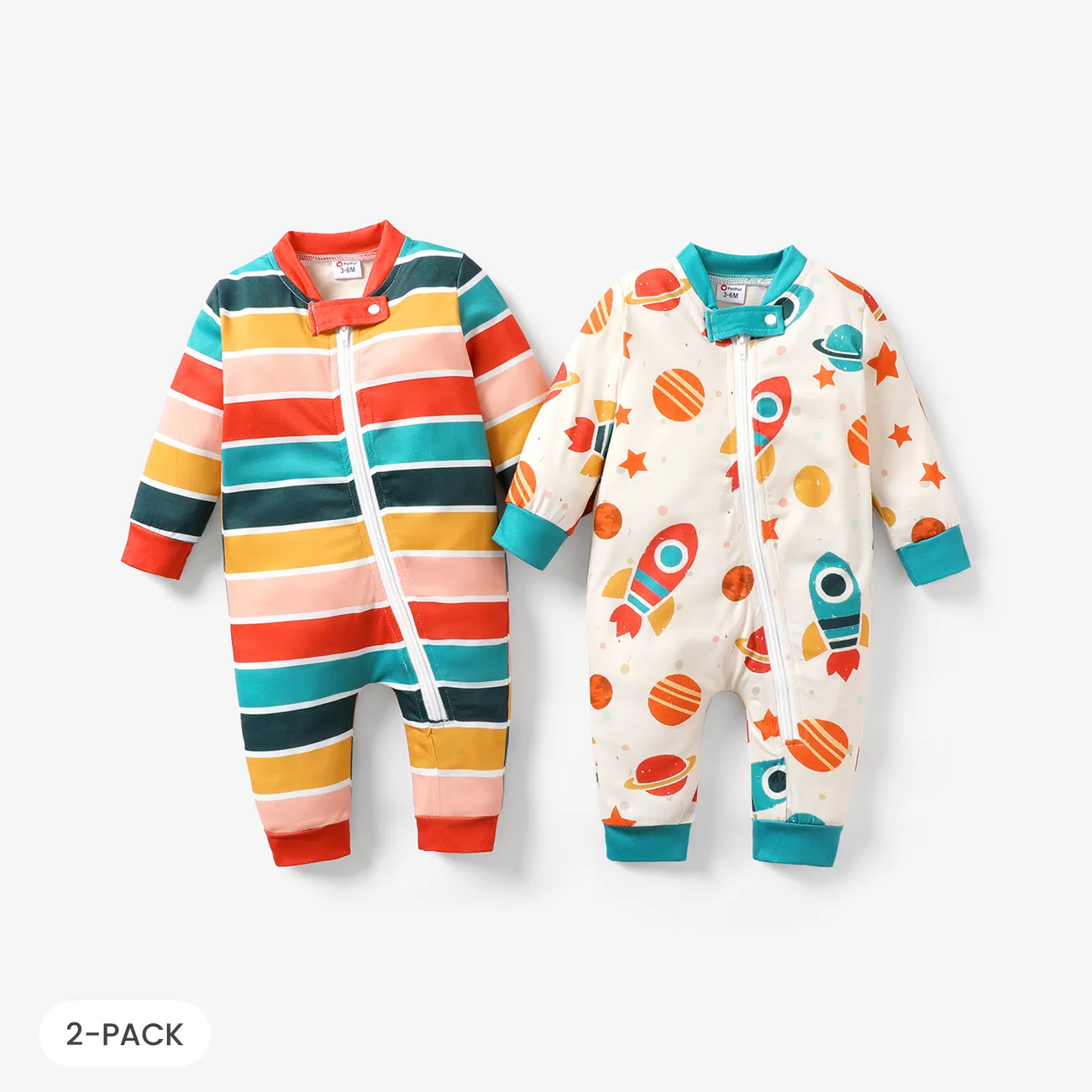 2-Pack Baby Boy/Girl Long-sleeve Zipper Graphic Jumpsuits Set  big image 1