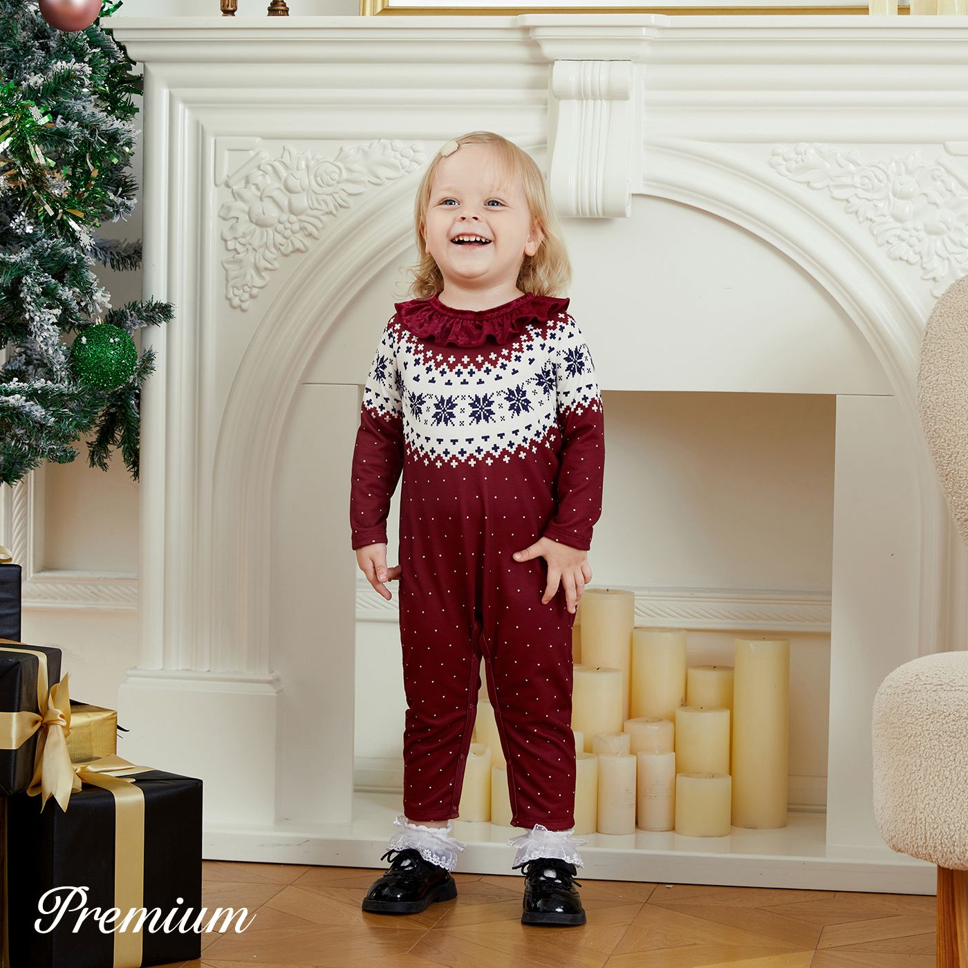 Baby Girl Christmas Elegant Long Sleeve Jumpsuit With Ruffle Edge