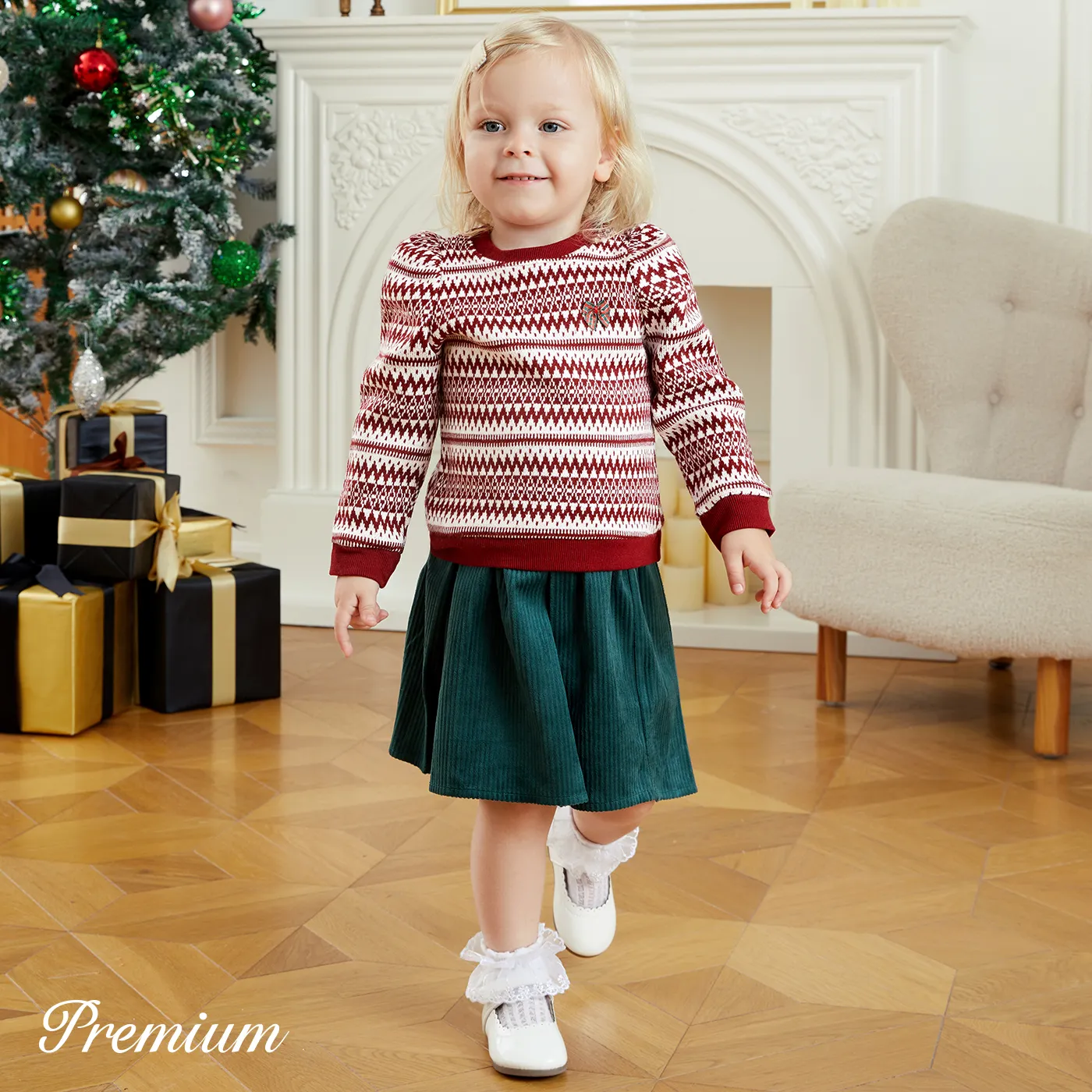 2pcs Baby Girl Elegant Pleated Long Sleeve Dress Set Red image 4