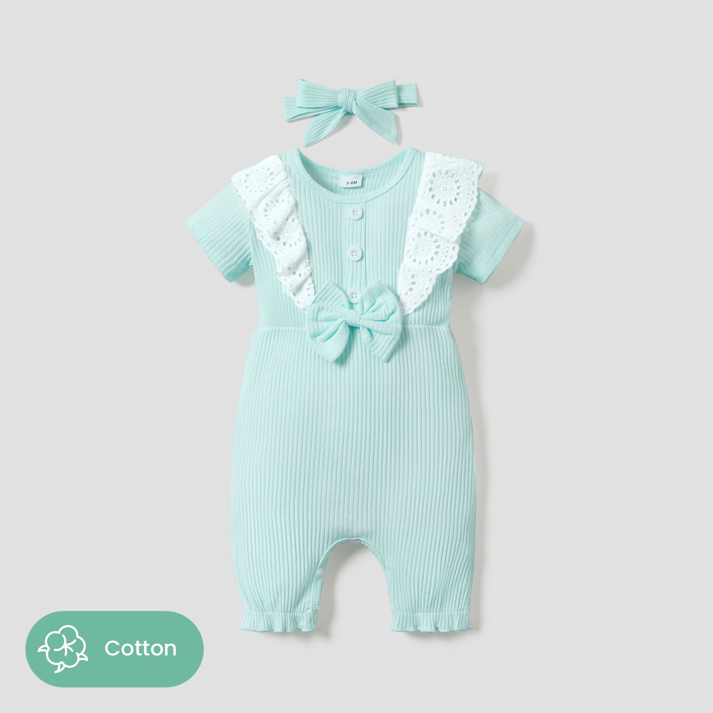 2pcs Baby Girl 100% Coton Avant Bow Decor Boutons Dentelle Côtelée Manches Courtes Combinaison Et Bandeau Set