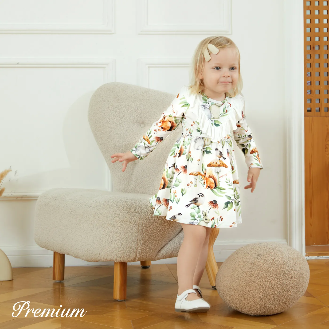 Baby Girl Allover Animal Print Long-sleeve Ruffle Trim Naia™ Dress  Colorful image 2