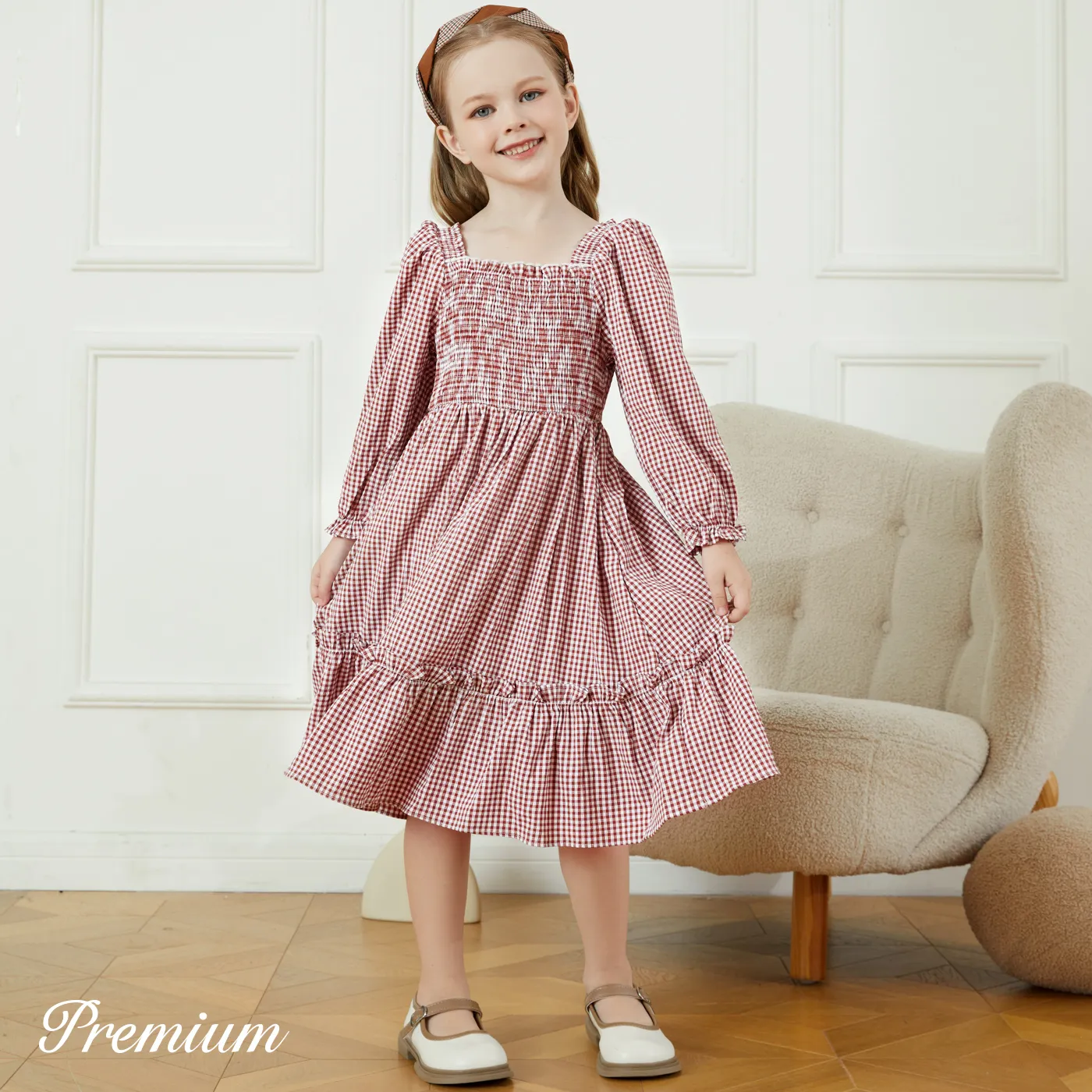 Toddler Girl Plaid Long-sleeve Square Neck Smocked Dress   image 2