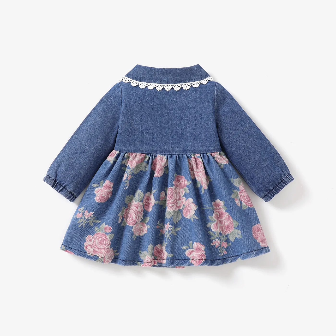  Baby Girl Denim Elegant Floral Pattern Lapel Dress Blue image 2