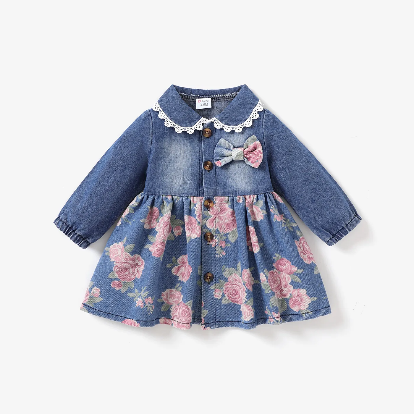  Baby Girl Denim Elegant Floral Pattern Lapel Dress Blue big image 1