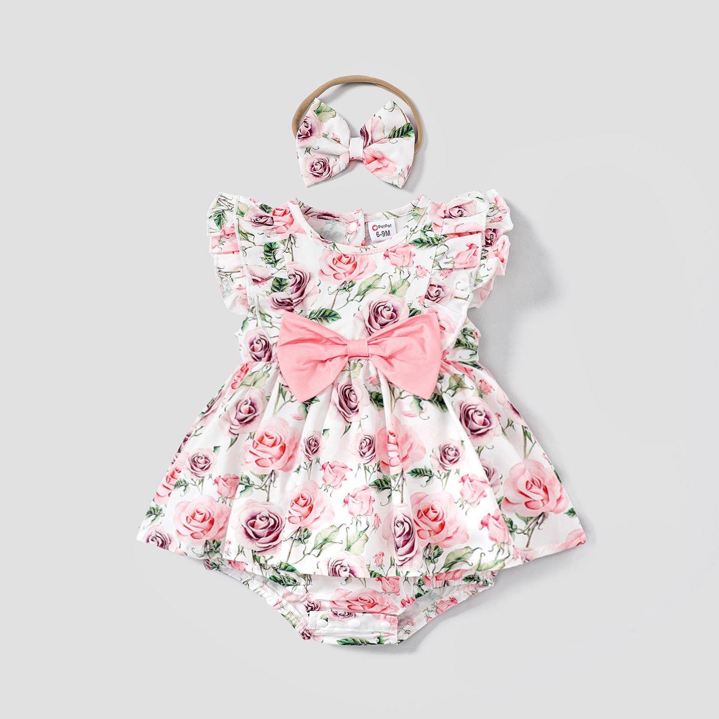 

2pcs Baby Girl Bow Decor Allover Floral Print Flutter-sleeve Romper & Headband Set