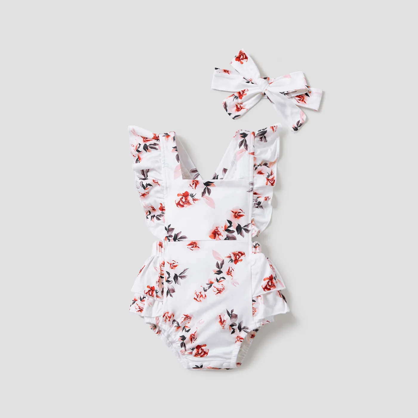 2pcs Baby Girl Allover Floral Print Ruffled Romper & Bow Headband Set White