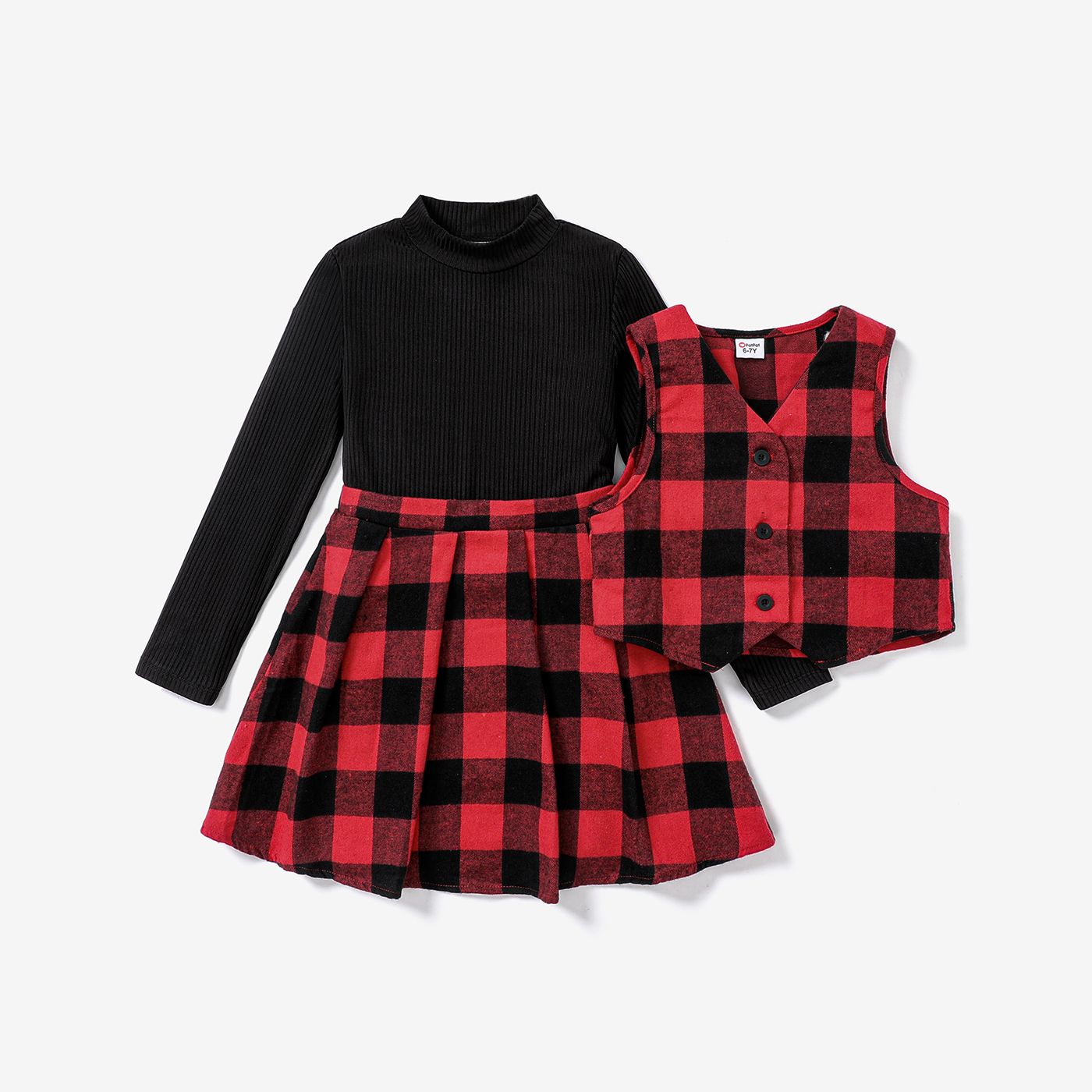 3PCS Kid Girl Avant-garde Button Secret Grid/Houndstooth Skirt Set