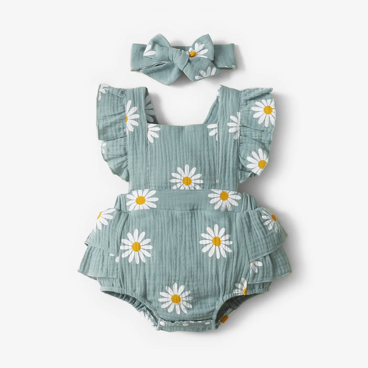 100% Cotton 2pcs Daisy Print Crepe Fabric Baby Romper Set Bluish Grey