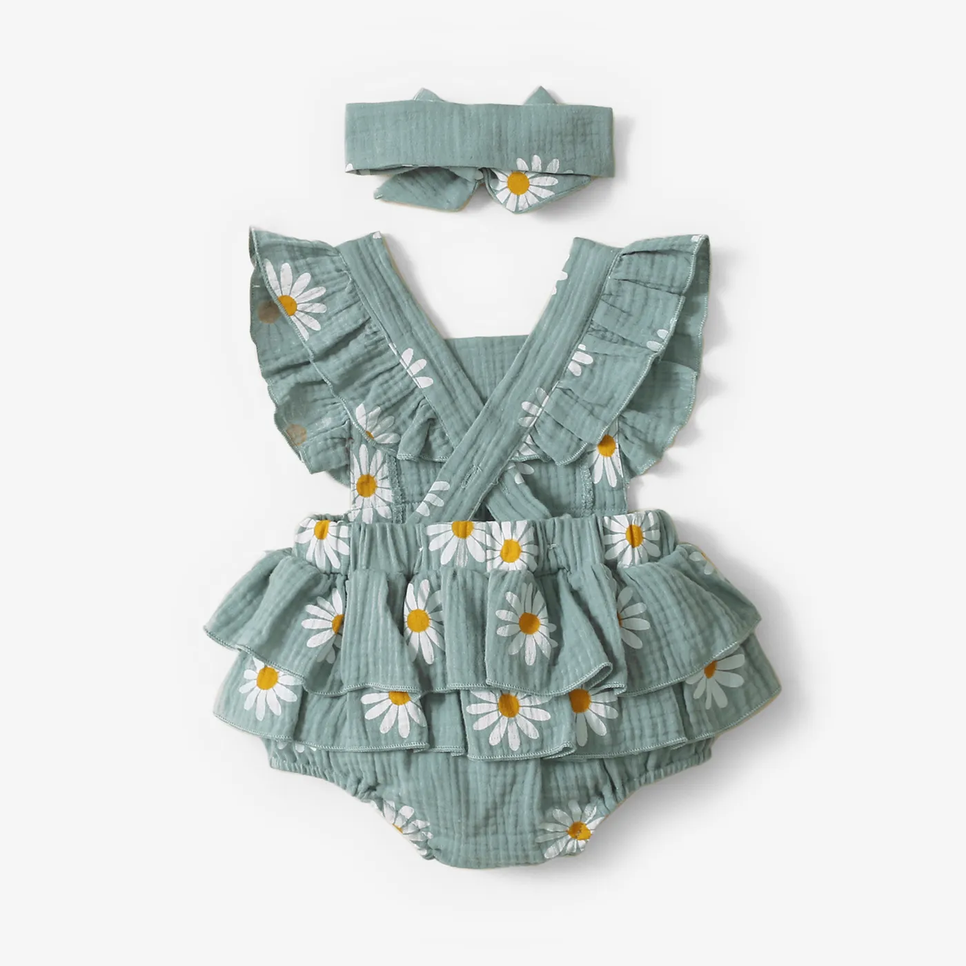 100% Cotton 2pcs Daisy Print Crepe Fabric Baby Romper Set Bluish Grey image 2