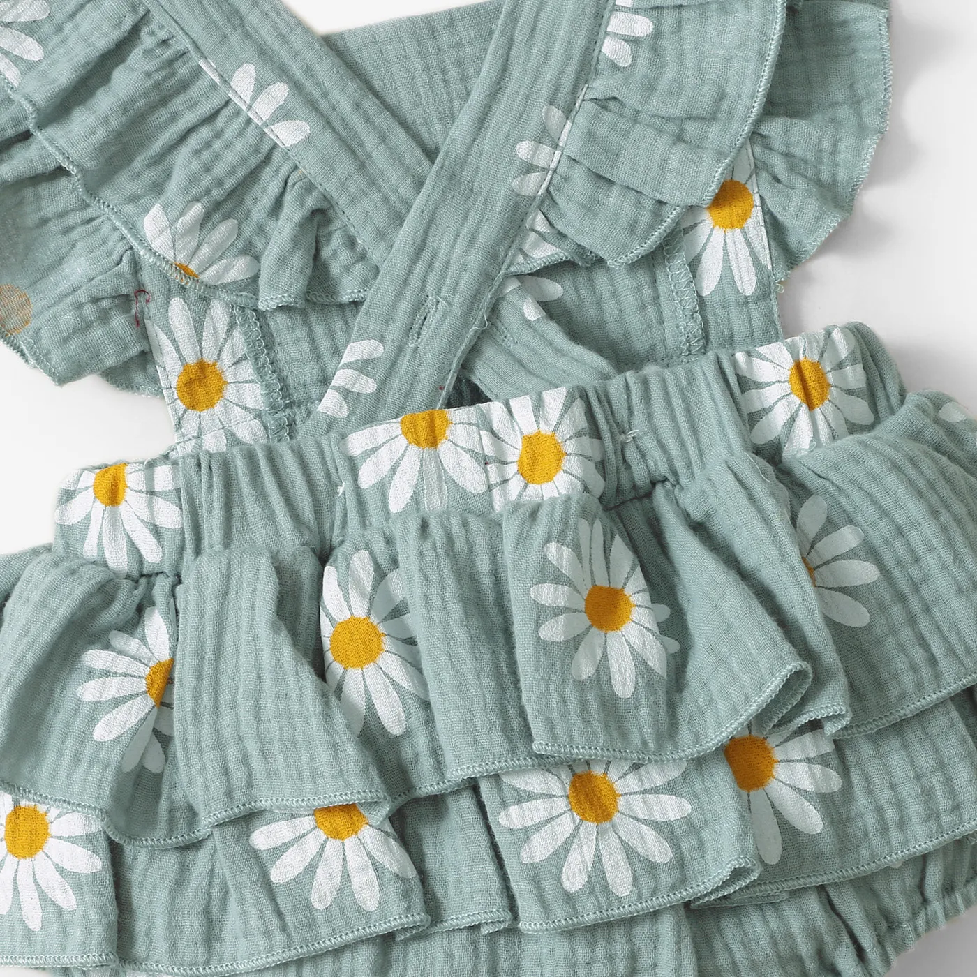 100% Cotton 2pcs Daisy Print Crepe Fabric Baby Romper Set Bluish Grey image 4